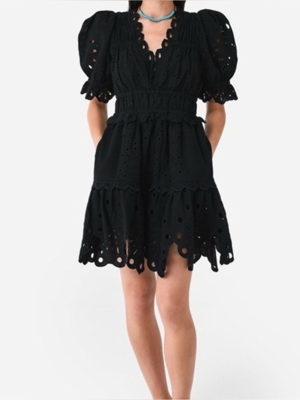 SEA Black Eyelet Puff-Sleeve Mini Dress